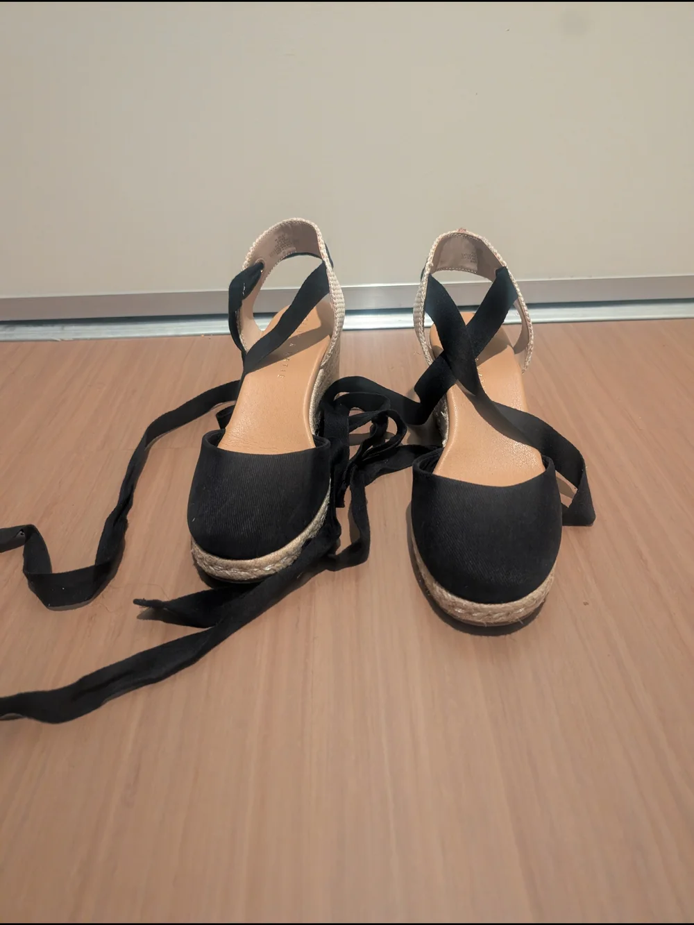 Kelly & Katie Black Espadrille Wedge Sandals with Wrap Ties